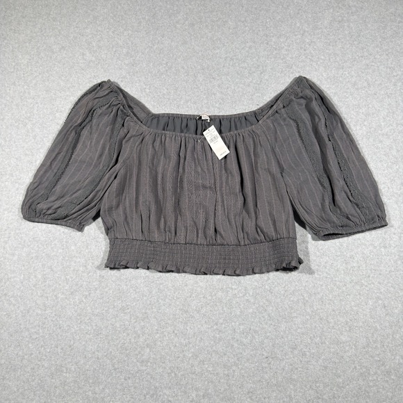 American Eagle Outfitters Tops - American Eagle XXL Gray Striped Smocked Crop Top Boho Puff Sleeve Cottage
